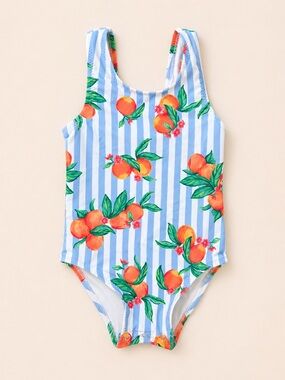 Old Navy Toddler Blue and white Striped Bathing Suit with Peach Print / 18-24m